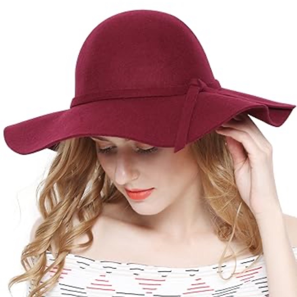 Burgundy wine maroon wool wide brim knotted sash floppy hat one size fits most